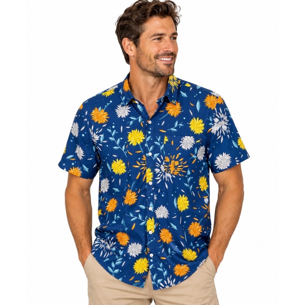 William Murray Floral Mums Short Sleeve Golf Shirt Mens Size M Navy Sporty